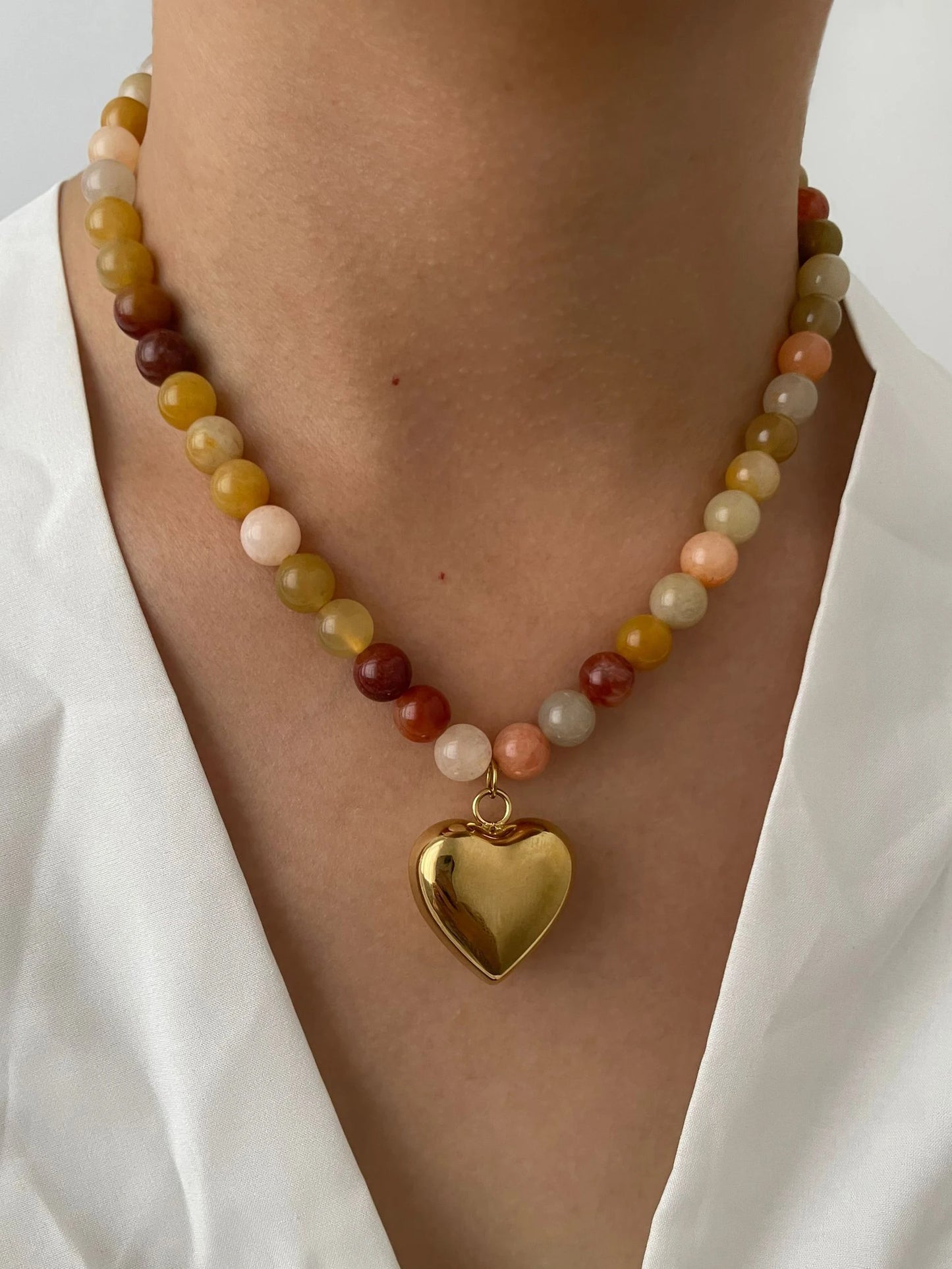 Bohemian Multicolored Necklace in Natural Stones - Gold Plated Heart - Waterproof Handmade Beads