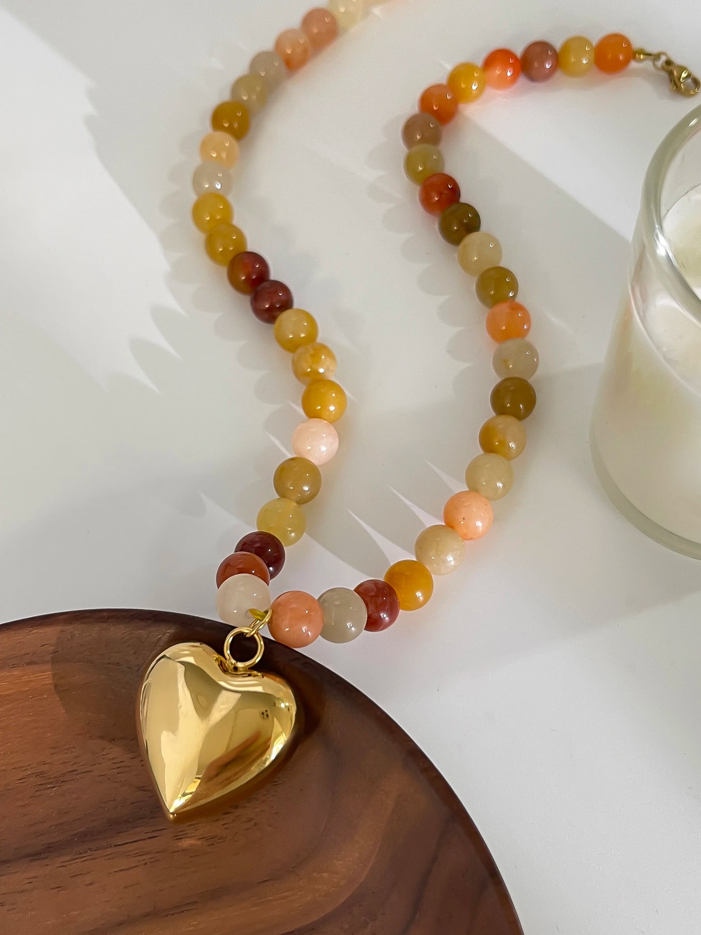 Bohemian Multicolored Necklace in Natural Stones - Gold Plated Heart - Waterproof Handmade Beads