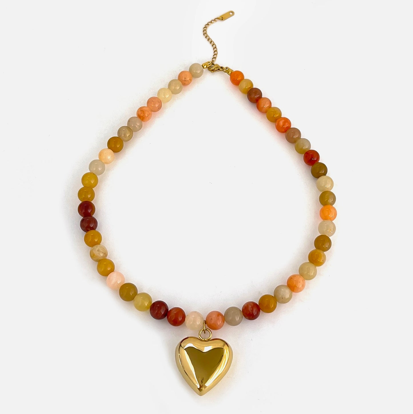 Bohemian Multicolored Necklace in Natural Stones - Gold Plated Heart - Waterproof Handmade Beads